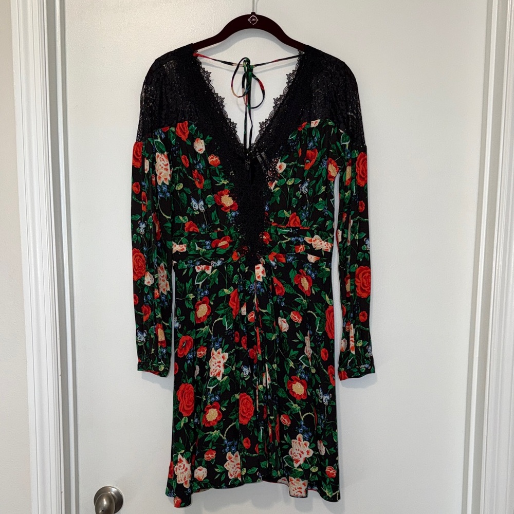 Floral Black and Red Lace Dress